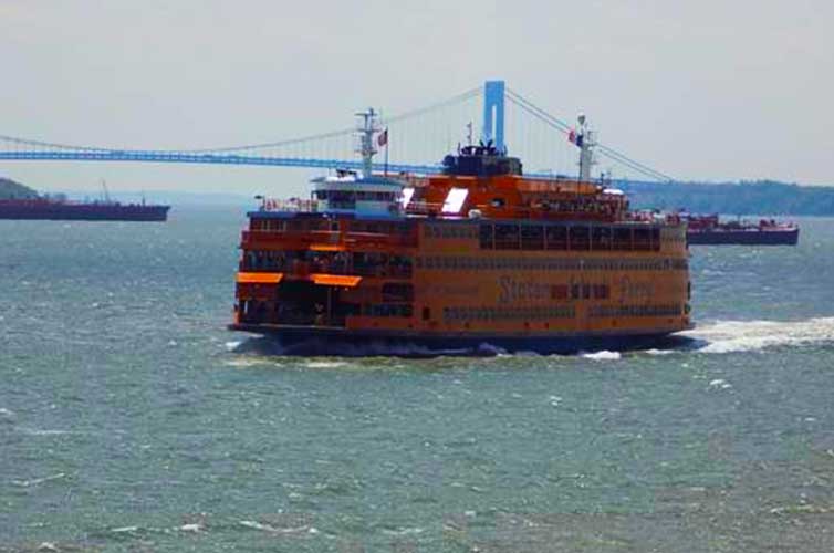 The Staten Island Ferry as it crosses the water from New York City.