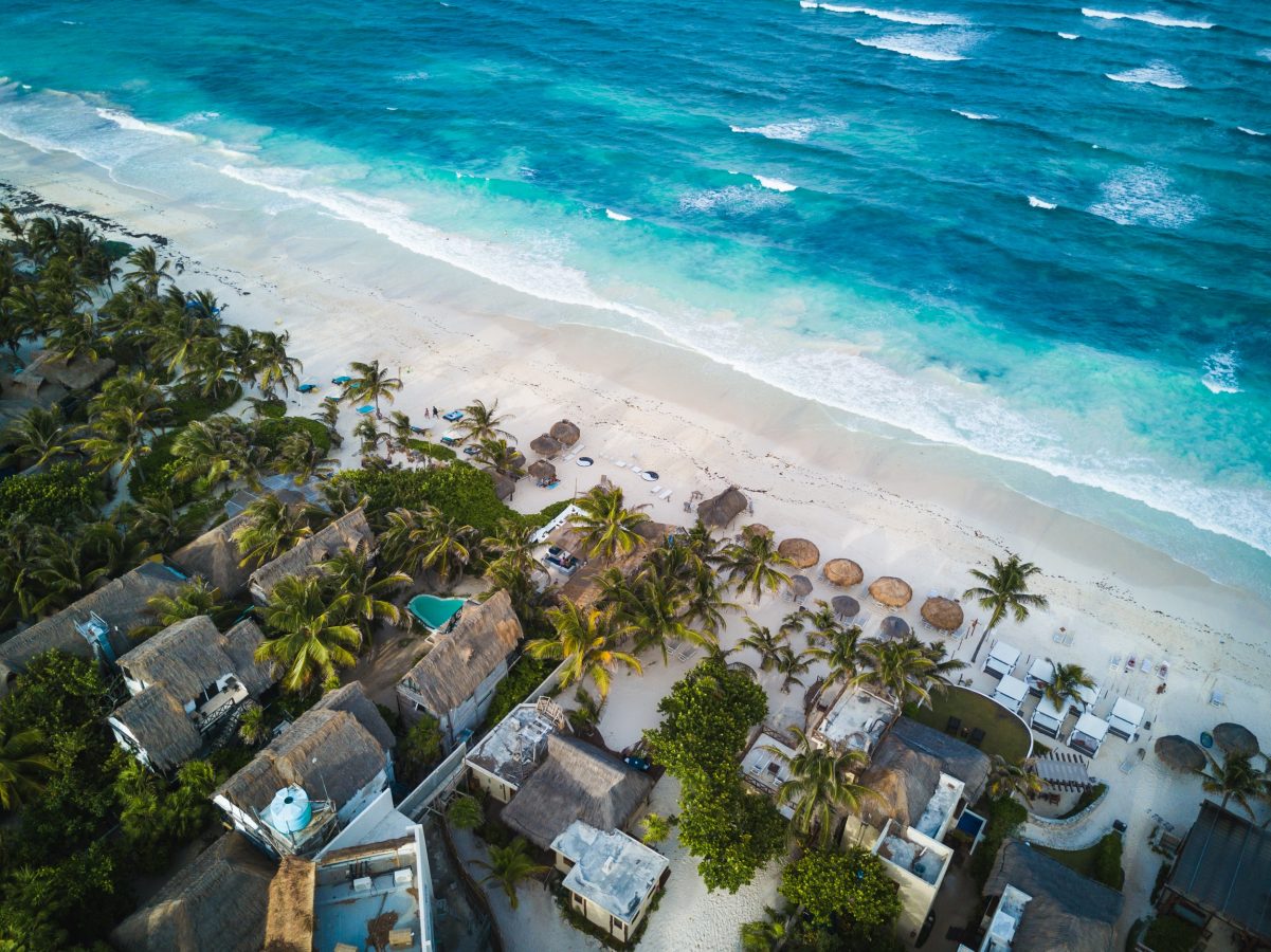 Aerial view of the beach in Tulum, Mexico.