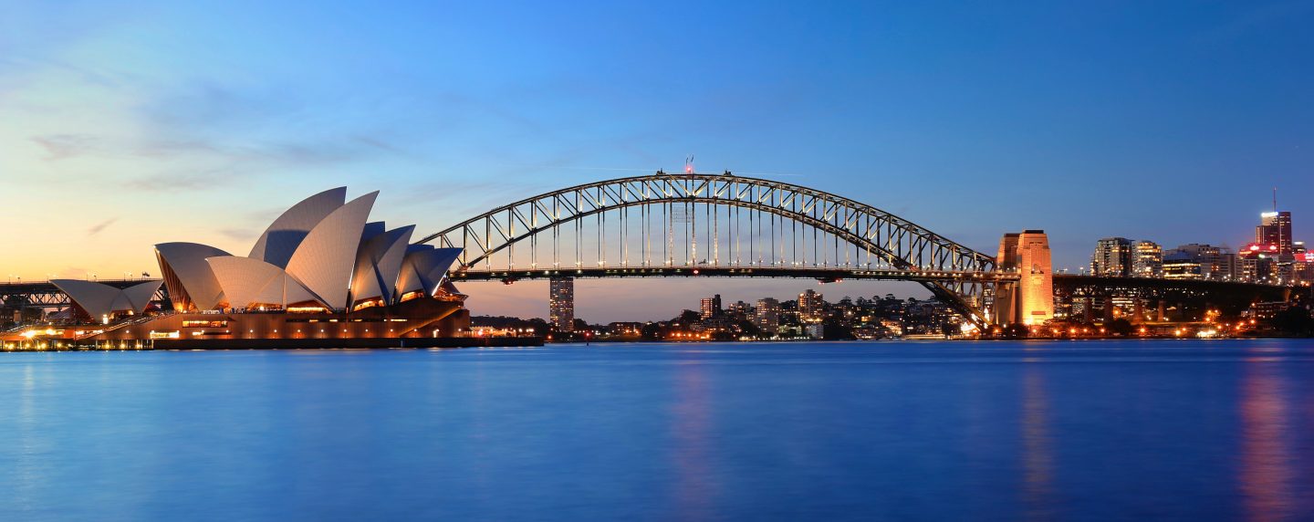Sydney Australia skyline with the Opera House and Harbour Bridge at sunset