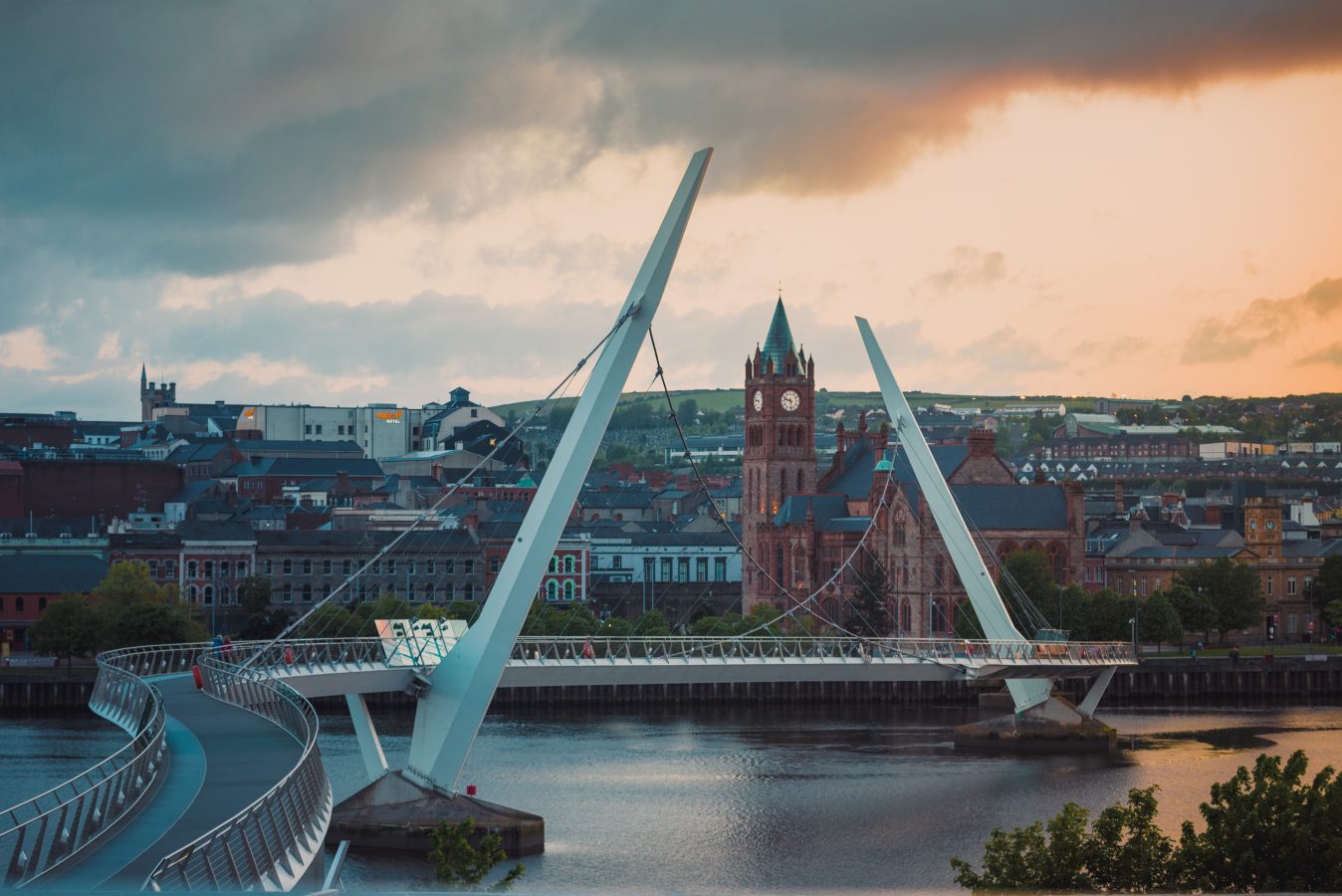 Peace bridge and Guildhall in Derry, Northern Ireland