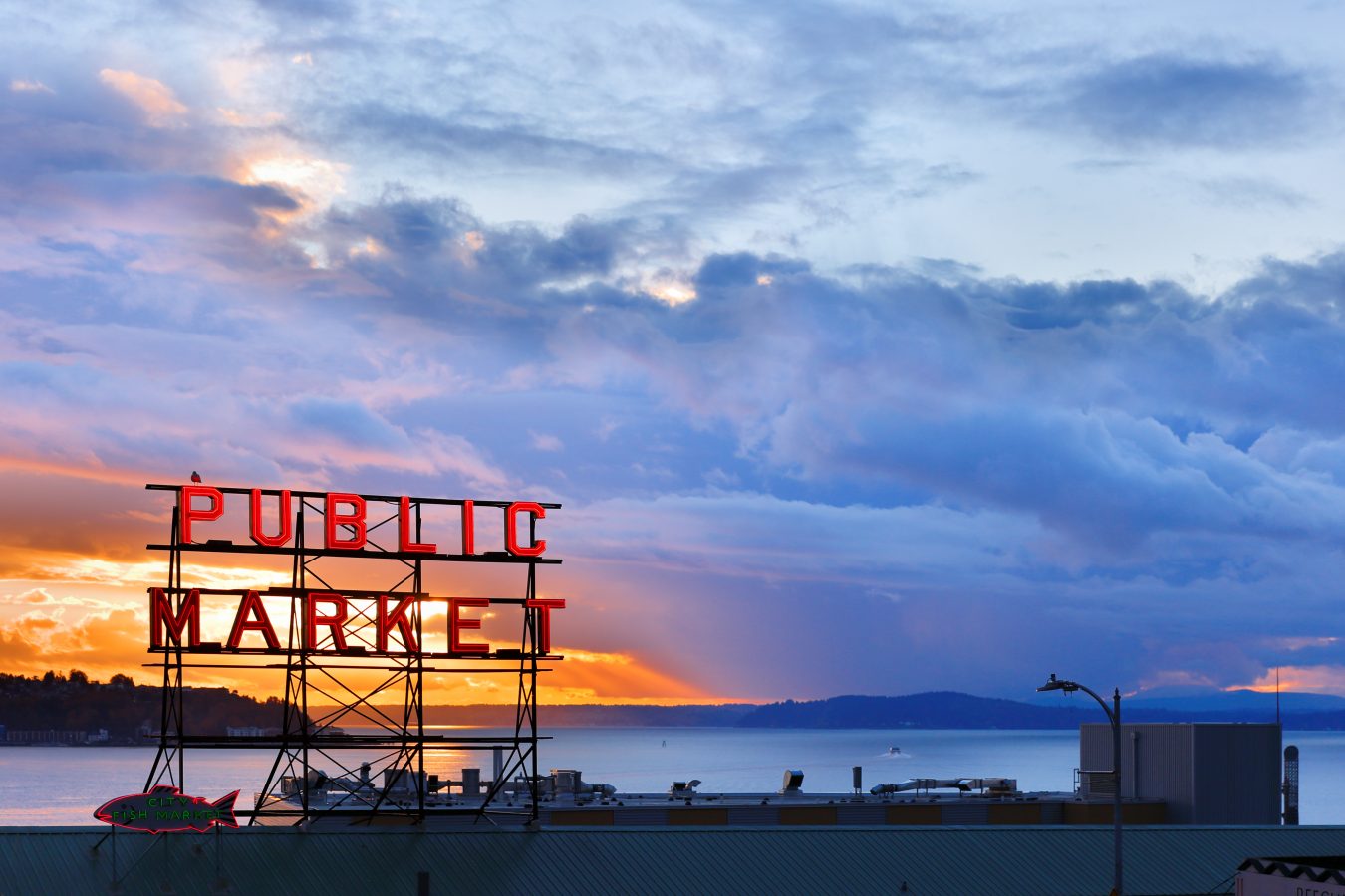 The Pike Place Market in central Seattle, Washington on the  waterfront after sunset.