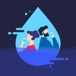 Drink Water: Drinking Reminders app logo showing dark blue logo with two people drinking from glasses inside a teardrop shape.