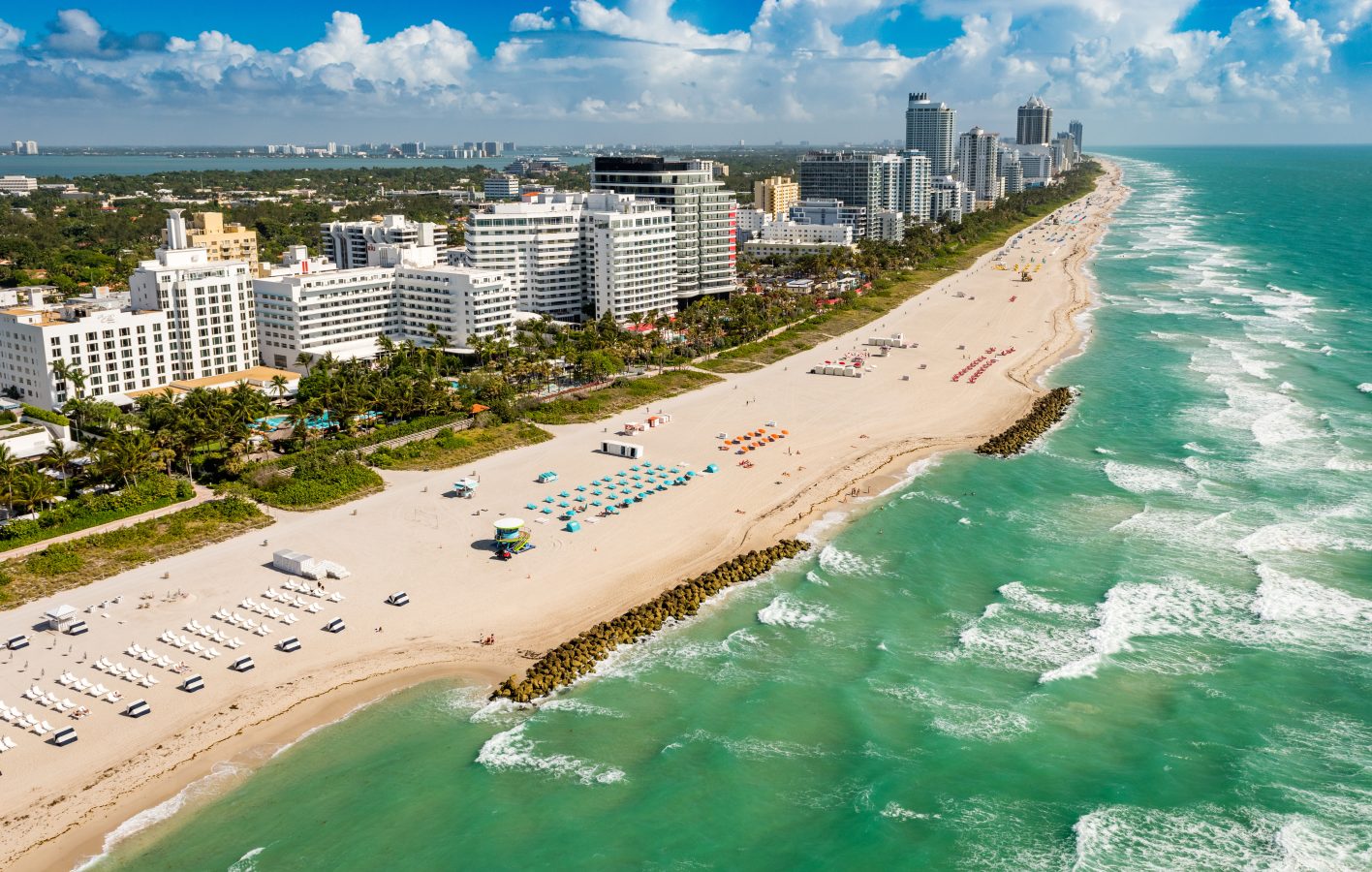 Aerial shot of Miami beach, Florida - considered one of the best spring break destinations for 2023.
