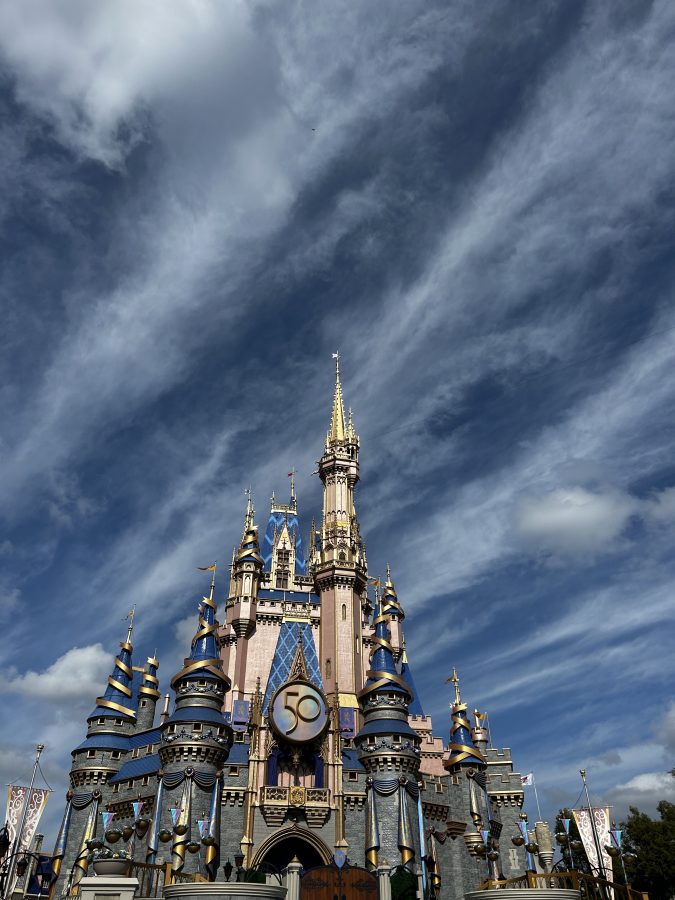 Walt Disney World Cinderella castle during the 50th anniversary celebration January 2023.