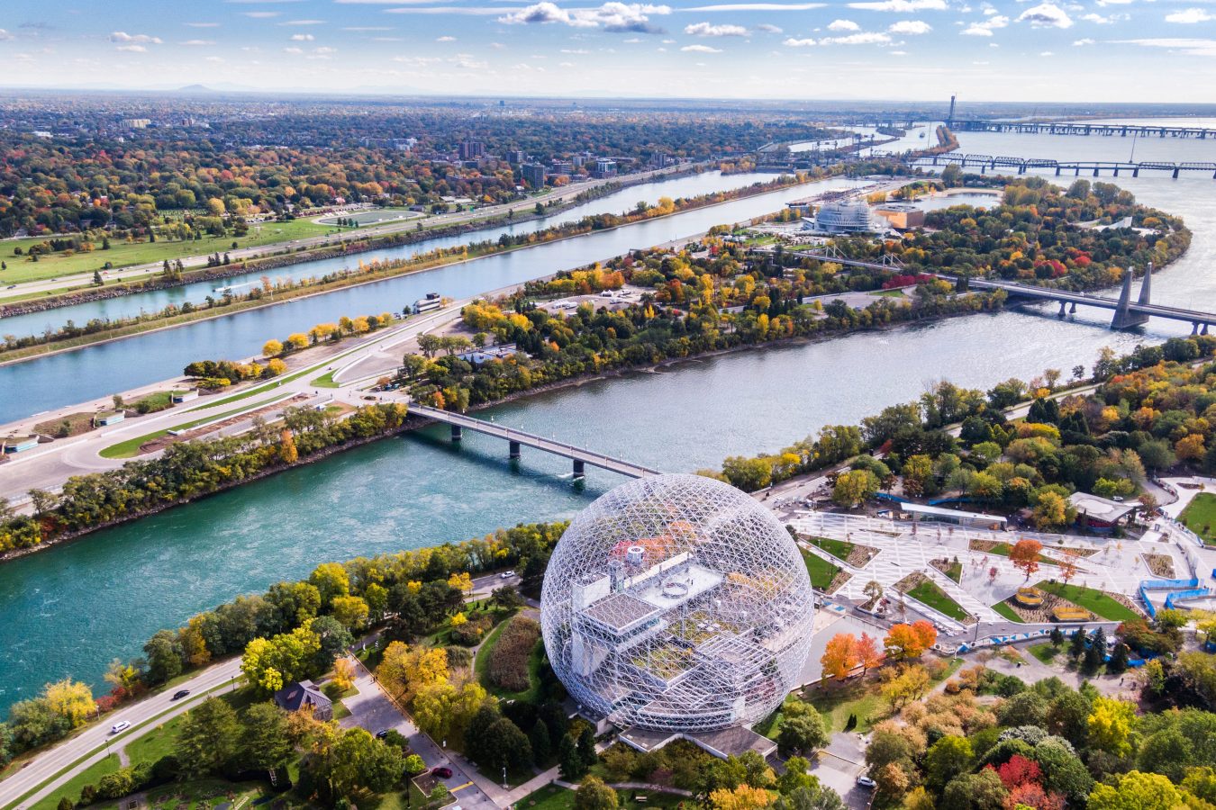 Aerial view of Montreal showing the Biosphere Environment Museum and Saint Lawrence River in fall season in Quebec, Canada.