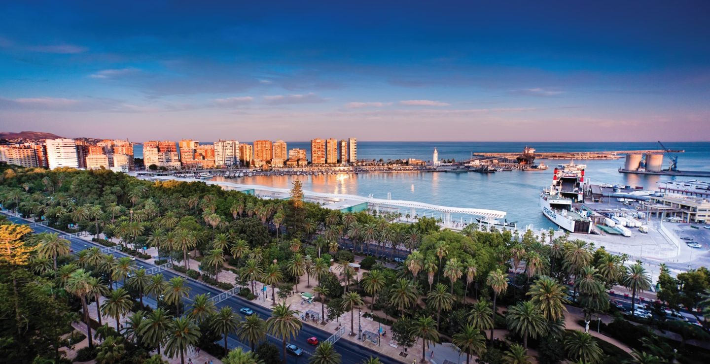 Arial view of Paseo del Parque, also known as Parque del Málaga - a park in the city centre of Malaga, Spain near the city for shopping and culture, but also near the beach.