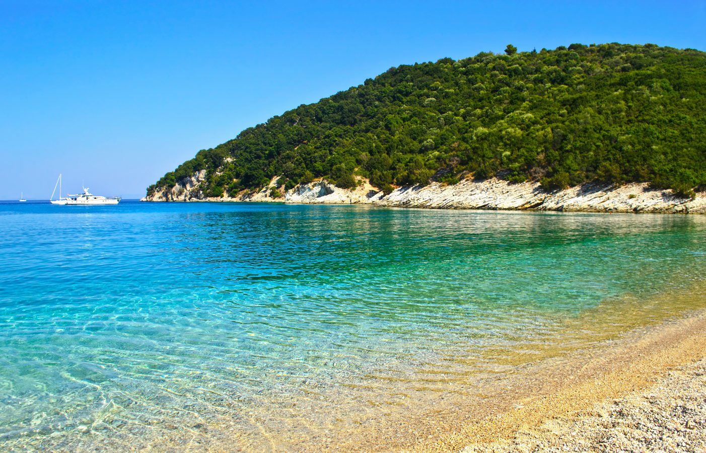White sands, blue waters, clear skies at Filiatro beach on Ithaca island, Greece - one of the best relaxing destinations
