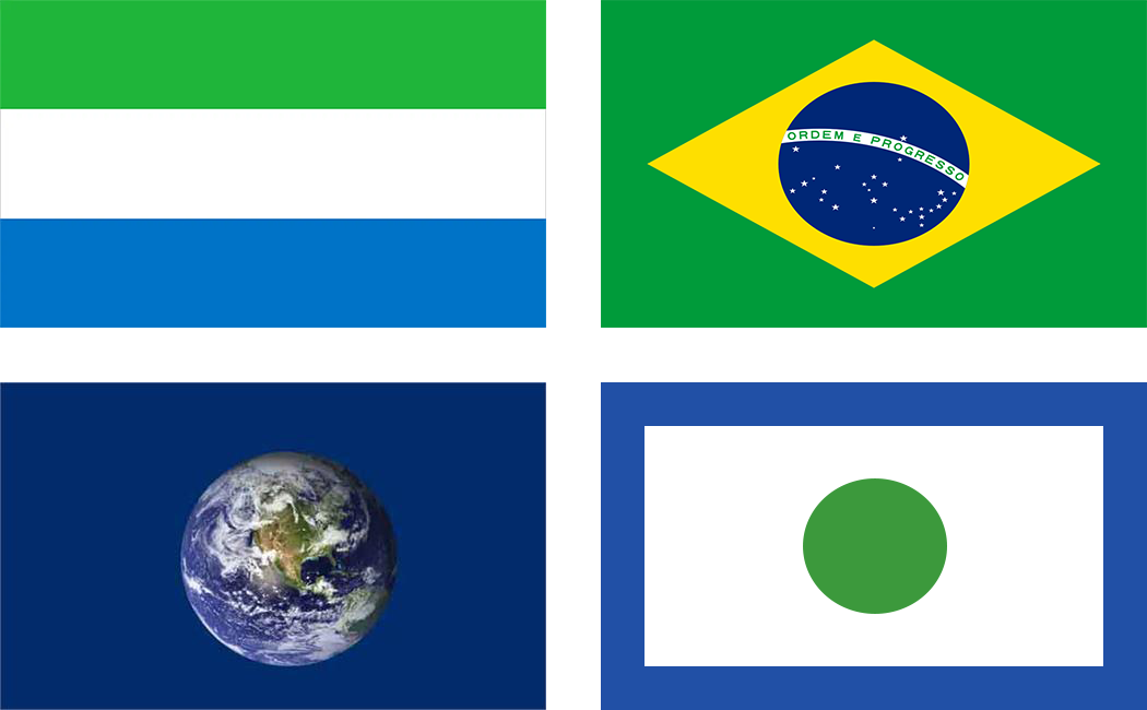 Four different flag options. Top left is a flag with horizontal green, white, blue stripes. Top right is a green flag with a yellow rhombus in the middle with a dark blue circle with white stars on top. Across the circle is a white banner that reads ORDEM E PROGRESSO in green font. Bottom left is a dark blue flag with a satellite image of the earth in the middle. Bottom right is a white flag with a dark blue border and a green circle in the middle.