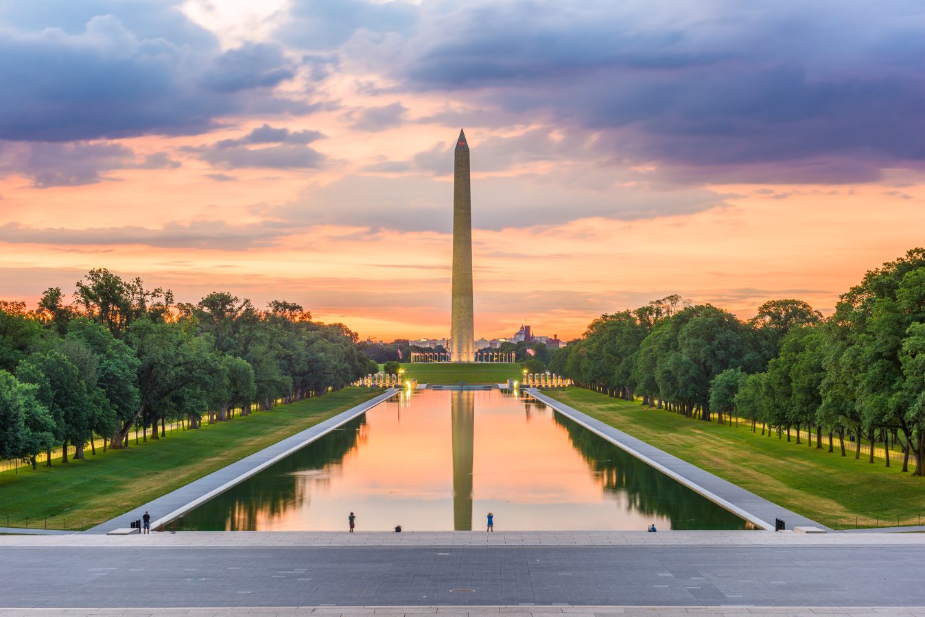 Early morning in summer in Washington DC, overlooking the Reflecting Pool and the Washington Monument.