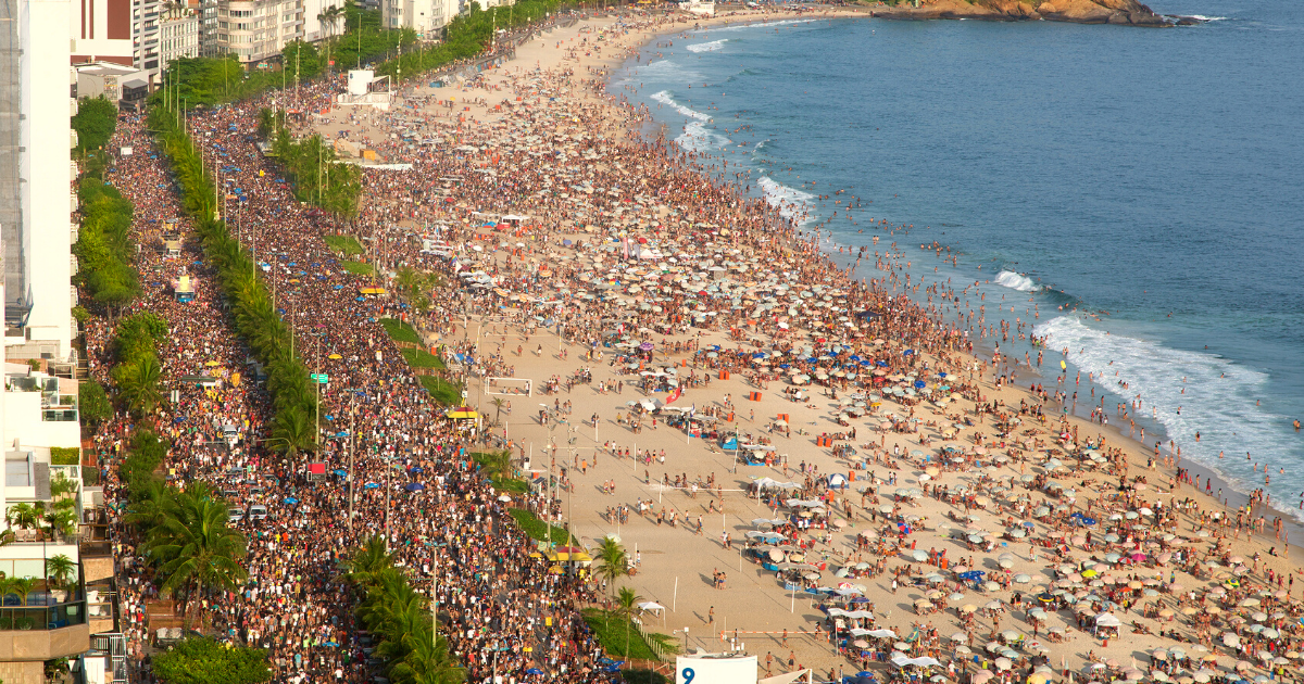 The crowded beach of Rio de Janeiro, Brazil during carnival parties.