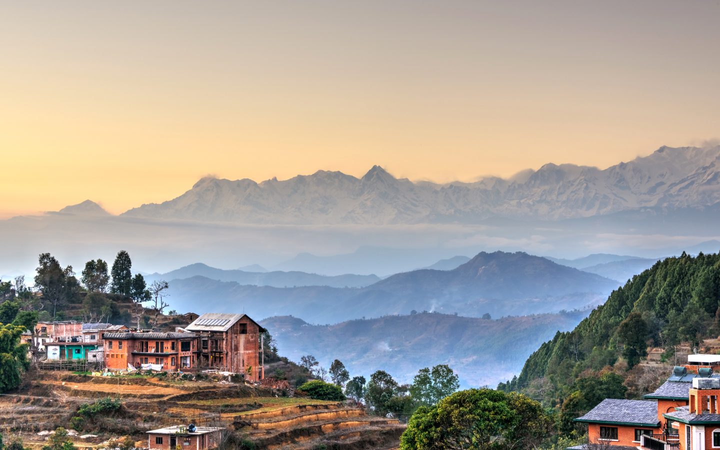 Aerial view of Bandipur village in Nepal with mountain ranges in the background. Nepal is an affordable student travel destination from India.