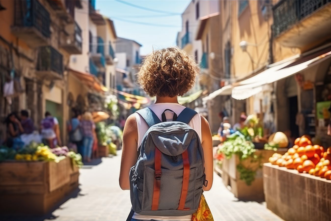 Traveler in street of old town in Spain. Young backpacker tourist in solo travel.
