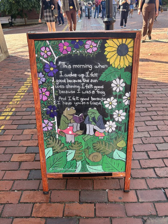 A painted chalk side in front of Wicked Good Books in Salem. The sign depicts Frog and Toad surrounded by greenery and flowers with an excerpt from a Frog and Toad book that reads "This morning when I woke up I felt good because the sun was shining. I felt good because I was a frog. And I felt good because I have you as a friend." Artwork credited to @shana_cuddy