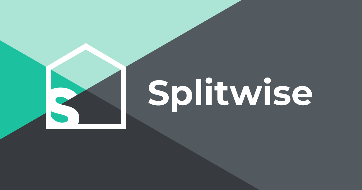 Green and grey triangular background with the envelope design and name for the student travel app Splitwise.