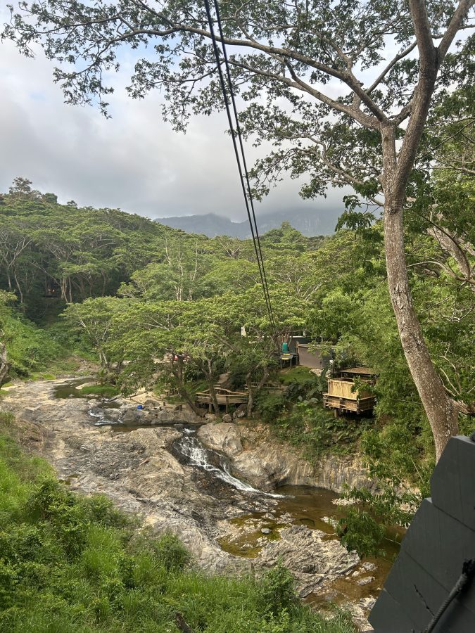 Some of the zip lines high above the ravine with a leisure river beneath.