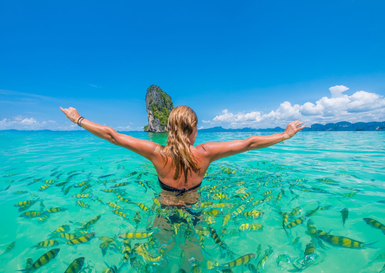 Woman swimming with snorkel surrounded by fish, Andaman Sea, Thailand
